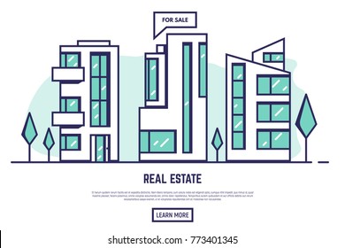 Real estate banner. Small modern buildings with big glass windows. City park with trees and green background. House rent concept with popup with text and button. Linear modern, trendy vector banner.