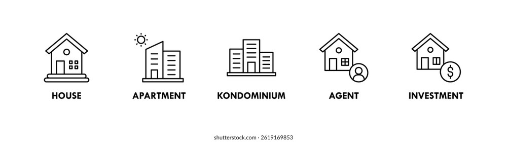 Real Estate banner web icon illustration concept with icon of house, apartment, condominium, agent, and investment