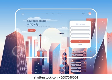 Real Estate In Big City Concept. Real Estate Agency Website Layout. Construction, Purchase And Sale Of Apartments In Skyscrapers Buildings. Vector Illustration In Flat Design For Landing Page