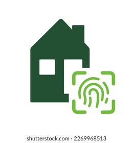 Inmobiliaria con tecnología de identificación biométrica por Icono de silueta de impresión de dedo. Hogar inteligente con pictograma de glifo de huellas digitales. Símbolo del edificio de la casa de seguridad. Ilustración de vectores aislados.