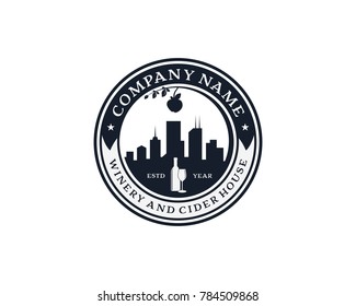 Real Estate Black Circle City - Skyscrapers with Sky and Bottle or Glass Beer or Barrel - Circle Apple Fresh Fruit Logo Stamp Vector Set