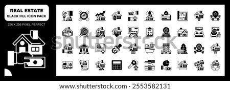 Real Estate Black Fill Icons Pack, Contain Such as Handover,Village,Garage and More