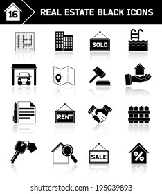 Real estate black icons set of house plan apartment valuation and choosing isolated vector illustration