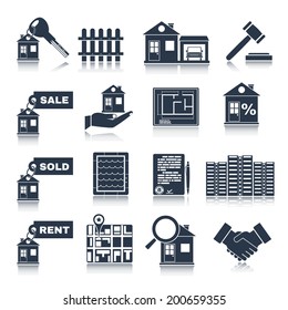 Real estate black icons set of house apartment and commercial property isolated vector illustration