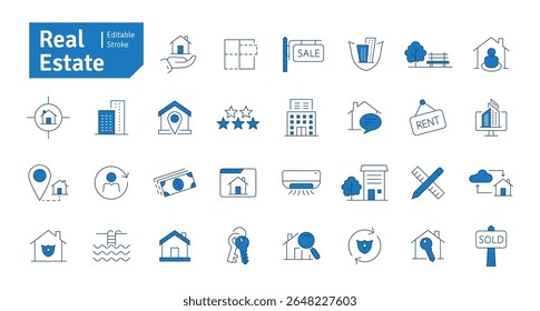 Real Estate Blue Line Editable Stroke Icons Set. Building, Plan, Location, House, Home, Property, Rent, Bed, Key, Park, Window, Agent, Mortgage, Collection. Editable stroke. Vector Illustration.