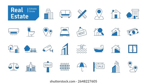 Real Estate Blue Line Editable Stroke Icons Set. Building, Plan, Location, House, Home, Property, Rent, Bed, Key, Park, Window, Agent, Mortgage, Collection. Editable stroke. Vector Illustration.