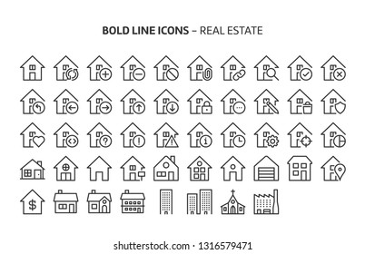 Real estate, bold line icons. The illustrations are a vector, editable stroke, 48x48 pixel perfect files. Crafted with precision and eye for quality.