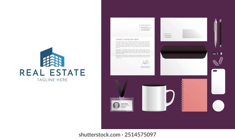 Real estate branding design kit. Premium corporate identity template. Business stationery mock-up. Editable vector illustration