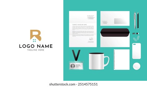 Real estate branding design kit. Premium corporate identity template. Business stationery mock-up. Editable vector illustration