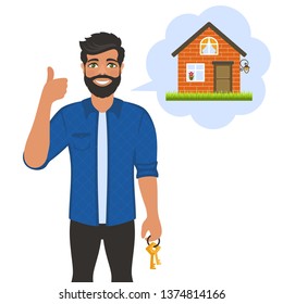 Real estate broker agent with keys. House building, mortgage, property home, buy apartment, sale and rent housing. Cartoon character on white background. Flat style. Vector illustration.