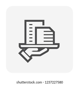 Real estate broker, agent or realtor vector icon. Consist of home building or residential, hand of salesperson or man. That professional to seller, buyer and rent of real estate or real property.