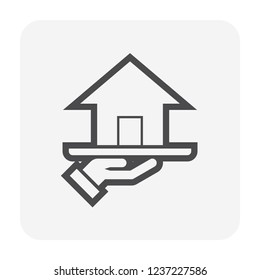 Real estate broker, agent or realtor vector icon. Consist of home building or residential, hand of salesperson or man. That professional to seller, buyer and rent of real estate or real property.