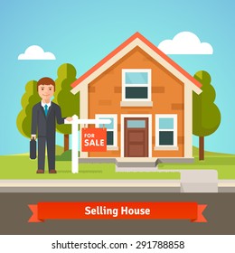 Real estate broker agent standing in front of new cozy house with for sale sign. Flat style vector illustration.