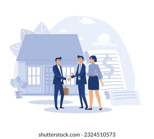 Real estate broker, Couple meeting broker in office, visiting real estate firm, realtor showing a house to customers, acquiring mortgage, flat vector modern illustration