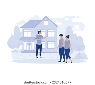 Real estate broker, Couple meeting broker in office, visiting real estate firm, realtor showing a house to customers, acquiring mortgage, flat vector modern illustration