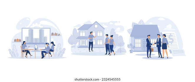 Real estate broker, Couple meeting broker in office, visiting real estate firm, realtor showing a house to customers, set flat vector modern illustration