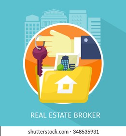 Real estate broker design flat. Real estate agent, house building, property home, realtor and rent, sale housing, buy apartment, key and construction illustration