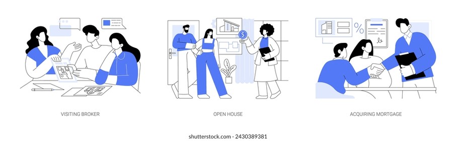 Real estate broker isolated cartoon vector illustrations set. Couple meeting broker in office, visiting real estate firm, realtor showing a house to customers, acquiring mortgage vector cartoon.