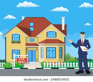 Real estate broker at work. Real estate agent, house building, property home, realtor and rent, sale housing, buy apartment. Vector illustration in flat style