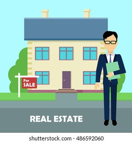 Real estate broker at work. Real estate agent, house building, property home, realtor and rent, sale housing, buy apartment. Part of series of modern buildings in flat design style. Vector