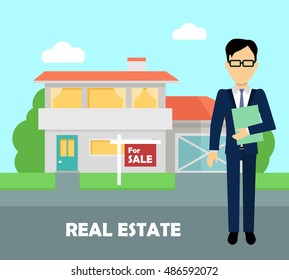 Real estate broker at work. Real estate agent, house building, property home, realtor and rent, sale housing, buy apartment. Part of series of modern buildings in flat design style. Vector