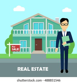 Real estate broker at work. Real estate agent, house building, property home, realtor and rent, sale housing, buy apartment. Part of series of modern buildings in flat design style. Vector