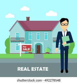 Real estate broker at work. Real estate agent, house building, property home, realtor and rent, sale housing, buy apartment. Part of series of modern buildings in flat design style. Vector