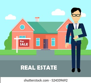 Real estate broker at work. Real estate agent, house building, property home, realtor and rent, sale housing, buy apartment. Part of series of modern buildings in flat design style. Vector