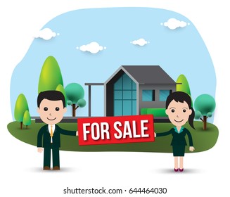 Real estate broker at work. Real estate agent, house building, property home and rent, sale housing, buy apartment. Element of modern buildings in flat design style. Vector illustration.