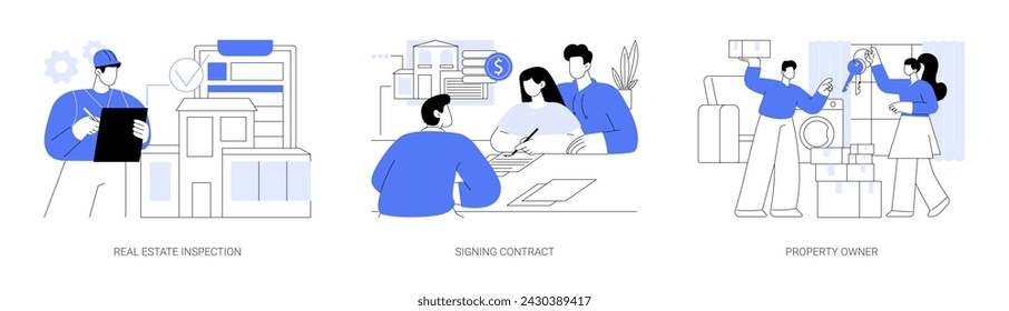 Real estate brokerage firm isolated cartoon vector illustrations set. Real estate agent inspecting a house, couple buying property with broker, signing contract, happy house owner vector cartoon.