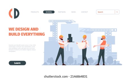 Inmobiliarios aterrizando. Construcción de constructores industriales e ingenieros planilla de página web de vectores chillones con lugar para texto personal