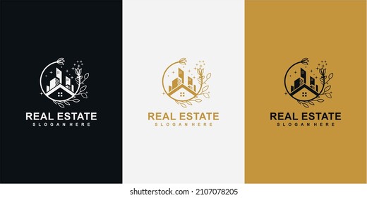 Real estate building with circle leaf logo design concept. real estate nature logo design