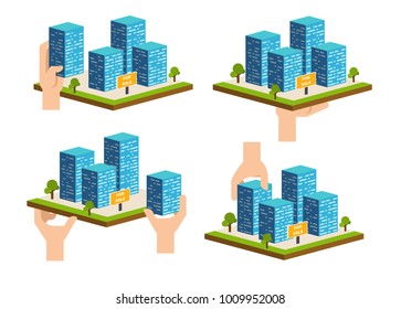 Real estate building concept. Construction development company advertising. Urban or commercial isometric district. Vector illustration
