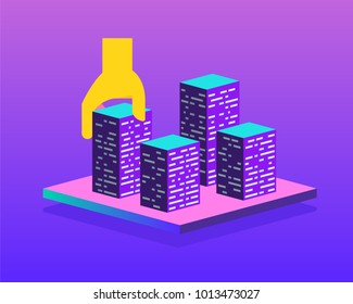 Real estate building concept. Construction development company advertising. Urban or commercial isometric district. Vector illustration in modern vibrant gradient colors.
