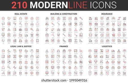 Real Estate Building And House Construction, Life Damage Insurance, Justice Legal Law Judicial System Line Icon Vector Illustration Set. Red Black Thin Linear Finance Symbols, Logistics Delivery