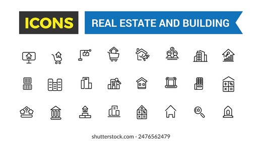 Real Estate and building icon set. Outline icons pack. Editable vector icon and illustration.