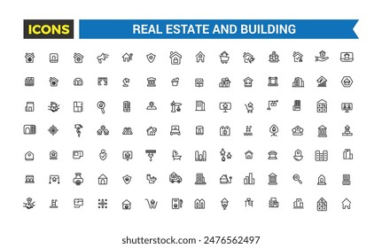 Real Estate and building icon set. Outline icons pack. Editable vector icon and illustration.