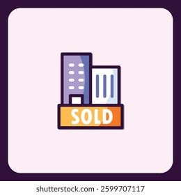 Real estate building icon with the 'SOLD' sign depicting property sale