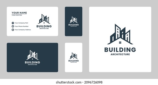 real estate building logo design. house and city combine.