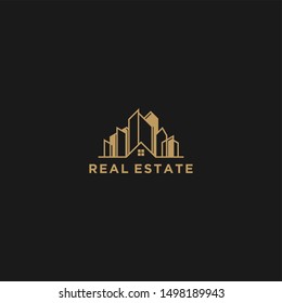 Real estate building logo - modern and simple minimalist design home house roof door window family residence, property mortgage business. Gold golden luxury elegant.