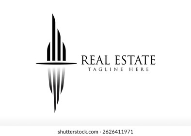 Real Estate Building With Reflecting Sea View Logo, modern building logo, modern real estate logo, minimal trendy tower design river sea wave Vector Icon Symbol Silhouette Illustration brand business