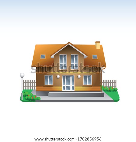 Real estate building Vector Illustration of broun house roof. flat style realistic home icon with garden
