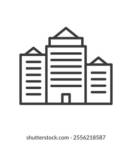 Real estate buildings, icon in line design. Real, estate, buildings, property, housing, architecture, city on white background vector. Real estate buildings editable stroke icon