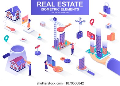 Real estate bundle of isometric elements. Skyscraper, office center, real estate agency, realtor with key, downtown architecture isolated icons. Isometric vector illustration with people characters.