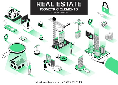 Real estate bundle of isometric elements. Skyscraper, office center, real estate agency, realtor with key, downtown architecture isolated icons. Isometric vector illustration with people characters.