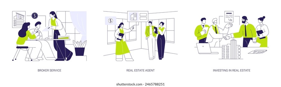 Real estate business abstract concept vector illustration set. Broker service, real estate agent, investing in property assets, business people signing contract, property listing abstract metaphor.