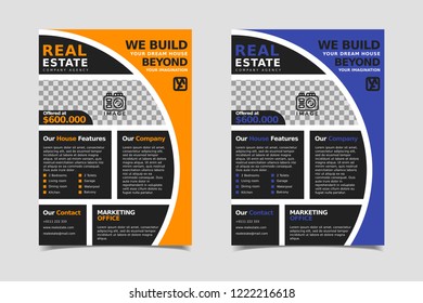 Real estate business brochure and flyer vector design template with amber and indigo circle colour abstract in A4 layout suitable for company poster, banner, annual report, and magazine cover