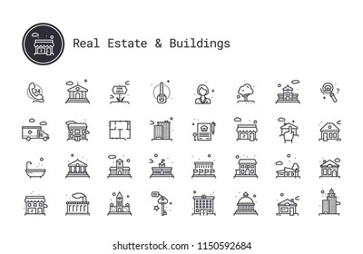 Real estate business and building exterior thin line icons. Public, commercial property, government realty, historical building, personal houses. Vector pictograms for map, web interface, mobile app.