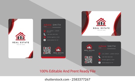 Real Estate Business Card Mockup: This professional, editable, and print-ready business card mockup features a sleek, modern design with a bold red house icon and a black and white color scheme.