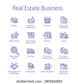 Real estate business concept. Buyer client buying apartment property, broker realtor person work, residential building thin line icons set. House sale contract isolated linear vector illustrations